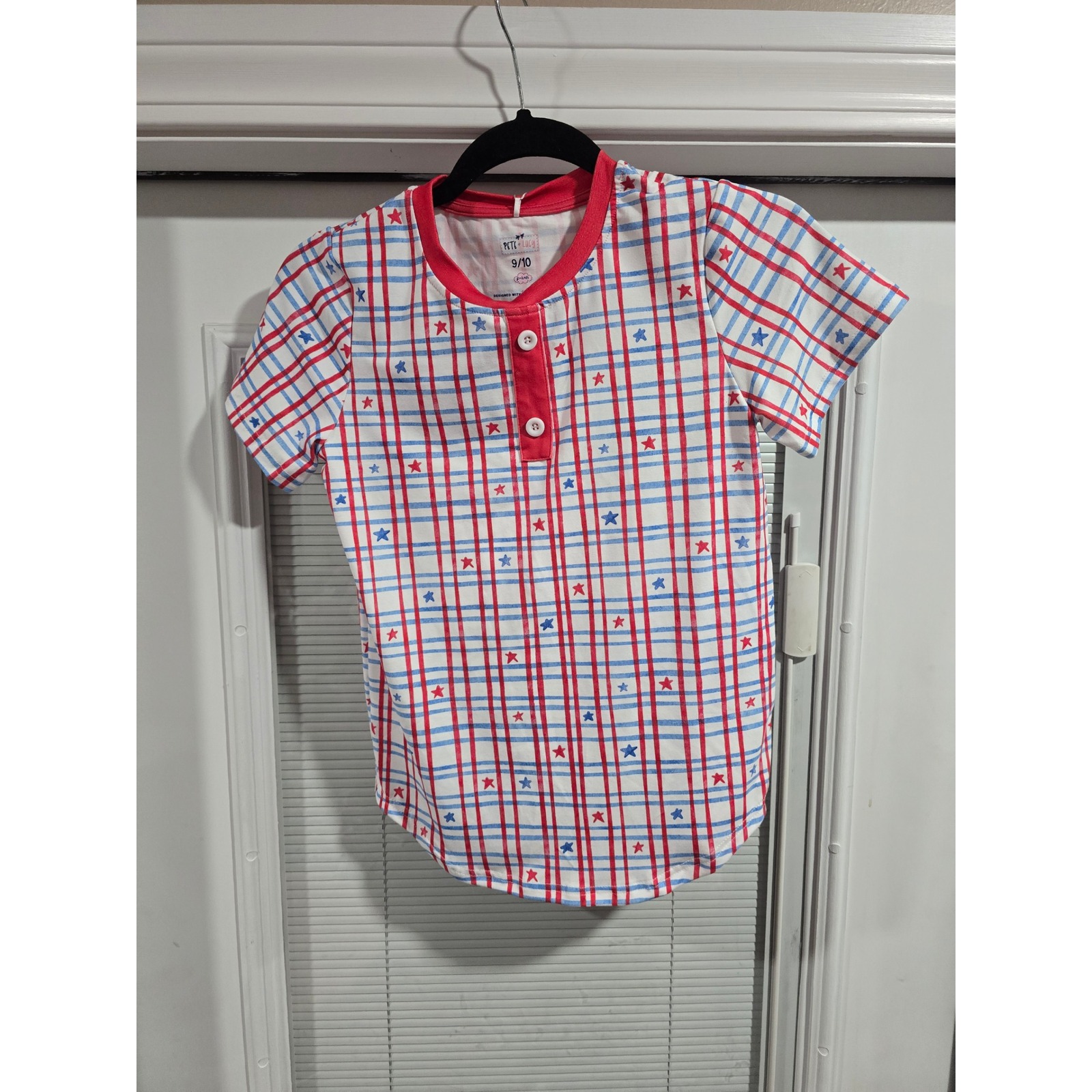 Pete + Lucy Kids Patriotic Star Plaid Henley Shirt Red White Blue Size 9/10 Nwt